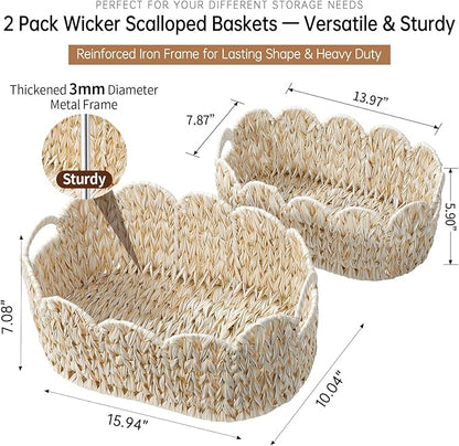 Coeusy Wicker Scalloped Basket Set of 2,Woven Storage Baskets for Shelves,Closet,Laundry,Gifts,Towels,Books,Toys,Waterproof Boho Decor Basket for Organizing