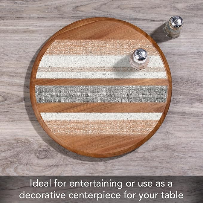 CounterArt Decorative Round Natural Wood Lazy Susan Turntable 14" Diameter Condiment Caddy, Cheese Server, Cake Plate, Spice Organization (Wide Stripes)