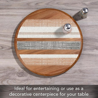 CounterArt Decorative Round Natural Wood Lazy Susan Turntable 14" Diameter Condiment Caddy, Cheese Server, Cake Plate, Spice Organization (Wide Stripes)