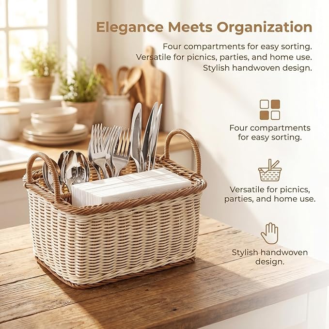 Cabilock Silverware Caddy Woven Basket Cutlery Holder, Napkin and Utensil Picnic Basket Silverware Organizer Utensil Holder for Kitchen Countertop with Handle