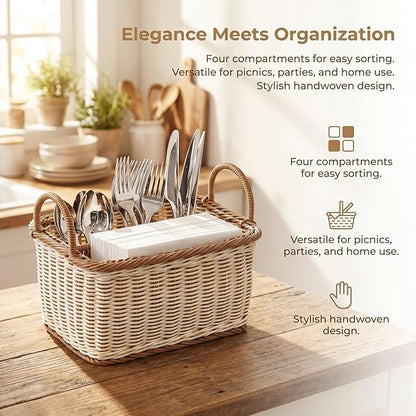 Cabilock Silverware Caddy Woven Basket Cutlery Holder, Napkin and Utensil Picnic Basket Silverware Organizer Utensil Holder for Kitchen Countertop with Handle