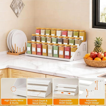 RCHYFEED Spice Rack Organizer for Cabinet, Expandable 3 Tiered Spice Rack, Metal Spices Organizer, Height Adjustable Fits More Space, Display Shelf Organizers for Cabinet Countertop Pantry Cupboard