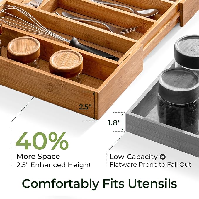 keechee Carbonized Large Bamboo Kitchen Drawer Organizer, 12 Slots Expandable Silverware Organizer, Utensil Holder & Cutlery Tray, 2.5" Deep for Extra Capacity, Non-Slip Feet Included