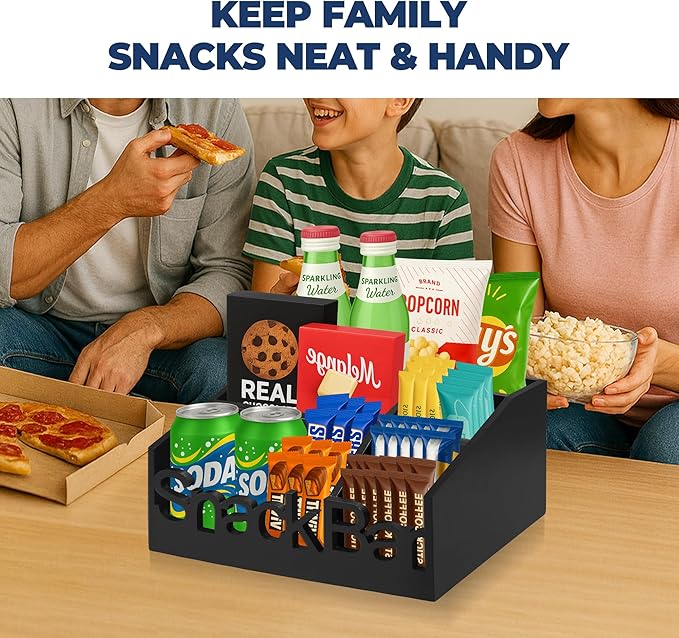 Snack Bar Organizer – Black 5 Compartment Station, Countertop Pantry Organizer for Kitchen, Office Food Holder, Candy Storage Bin, Display Stand, Cabinet Tray & Shelf