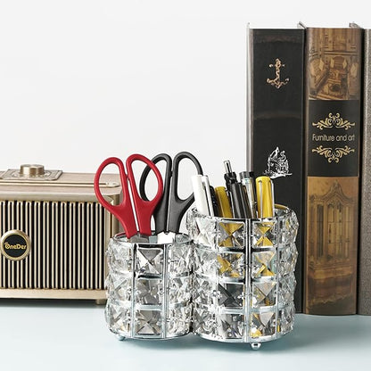 LUEXBOX Crystal Makeup Brush Holder Organizer, Cosmetic Makeup Brush Storage Container Cup for Table, Dresser, Bathroom, Bedroom Organization, One-Piece Circular Brush Organizer (silver)