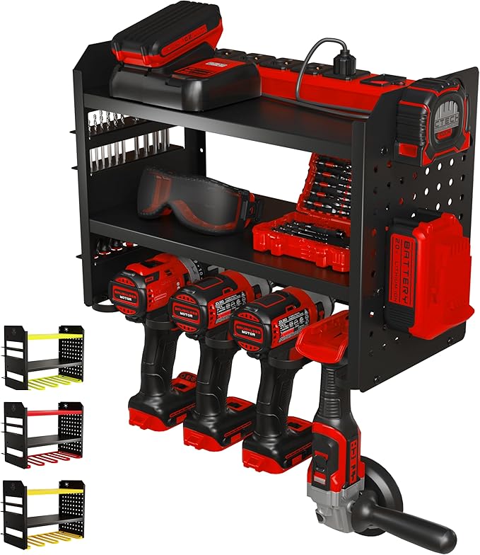 BUILTSTRONG Power Tool Organizer Wall Mount – 3-Tier Heavy-Duty Steel Rack, 4 Drill Slots, Pegboard + Utility Side, 100 lb Capacity – Garage, Workshop & Shed Storage (Black)