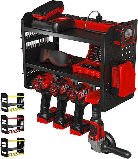 BUILTSTRONG Power Tool Organizer Wall Mount – 3-Tier Heavy-Duty Steel Rack, 4 Drill Slots, Pegboard + Utility Side, 100 lb Capacity – Garage, Workshop & Shed Storage (Black)