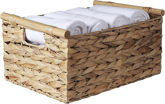 Natural Water Hyacinth Storage Baskets for Organizing Small Wicker Baskets With Handles, Woven rectangle Baskets for Storage Baskets for Shelves, Large Rectangular Towel Basket