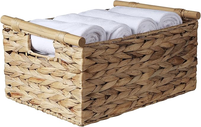 Large Rectangular Wicker Basket With Built-in Wooden Handles, Water Hyacinth Woven Basket for Organizing, Utility Shelves, Towel Storage Basket