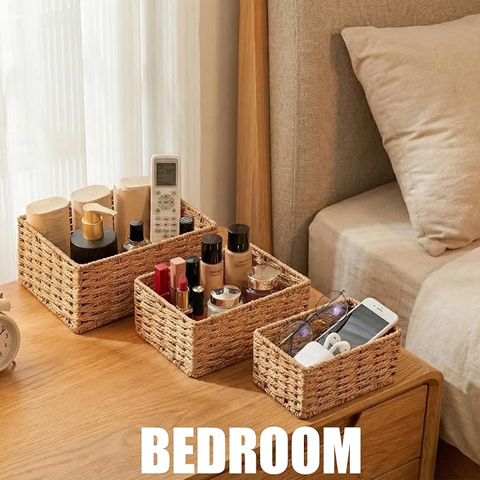 Small Wicker Basket for Organizing, Woven Storage Basket Set of 3 - Handwoven Natural Paper Rope Baskets to Declutter Any Room, Perfect for Organizing and Home Decor