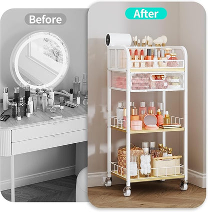 HapiRm Makeup Organizer Storage Cart - 4 Tier Skincare Make Up Storage with Drawer, Rolling Makeup Cart Vanity Organizer Cosmetics Display Cases Holder for Skin Care Perfume Nail Polish Brush