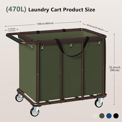 FAVOOSTY 470L Heavy Duty Commercial Laundry Cart with Wheels,Industrial Rolling Laundry Hamper, Extra Large Laundry Basket, Metal Frame for Hotel/Hospital/Home, 440lbs (Green)