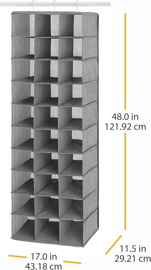 Whitmor 30 Sections Hanging Clothes Closet Shoe Organizer, Space Saving Breathable Fabric Shoe Storage for Bedroom, Laundry, Dorm, Crosshatch Gray