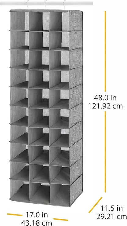 Whitmor 30 Sections Hanging Clothes Closet Shoe Organizer, Space Saving Breathable Fabric Shoe Storage for Bedroom, Laundry, Dorm, Crosshatch Gray