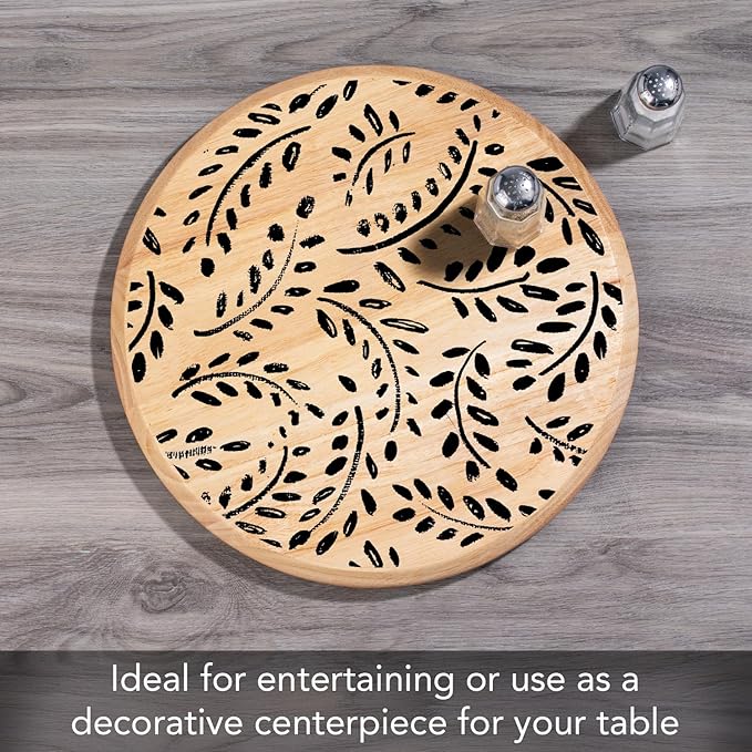 CounterArt Black Leaves Decorative Round Natural Wood Lazy Susan Turntable 14" Diameter Condiment Caddy, Cheese Server, Cake Plate, Spice Organization