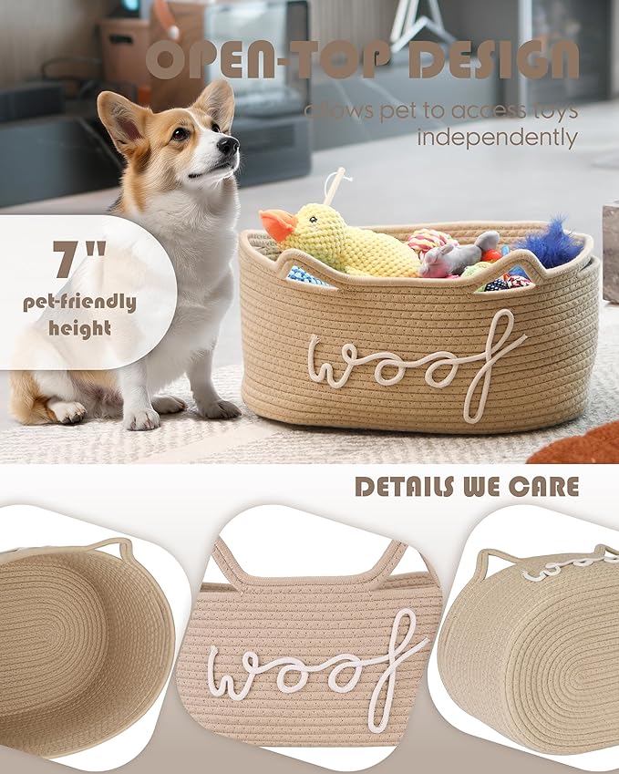 Sea Team Dog Toy Basket with Handles, 16.5 x 11 x 7 Inches, 4.4 Gallons Large Cotton Rope Storage Bin, Box, Shelf Organizer for Pet Chew Toys, Foods, Beige Woof
