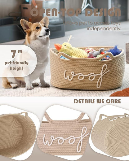 Sea Team Dog Toy Basket with Handles, 16.5 x 11 x 7 Inches, 4.4 Gallons Large Cotton Rope Storage Bin, Box, Shelf Organizer for Pet Chew Toys, Foods, Beige Woof