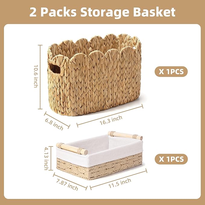 Toilet Paper Basket, 2 Packs Toilet Paper Storage Basket, Hand-Woven Wicker Bathroom Basket Organizer and Storage, Natural Water Hyacinth Slim Scalloped Basket Magazine Baskets