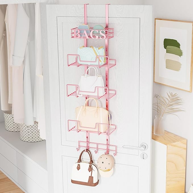 HapiRm Over Door Purse Organizer - Adjustable Purse Storage Rack with Bags Design Metal Basket, Wall Mounted Handbag Organizer, Hanging Handbag Holder, Can Use As 1/2 Part Detachable