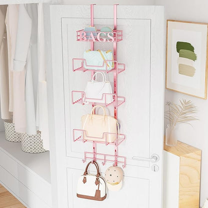 HapiRm Over Door Purse Organizer - Adjustable Purse Storage Rack with Bags Design Metal Basket, Wall Mounted Handbag Organizer, Hanging Handbag Holder, Can Use As 1/2 Part Detachable