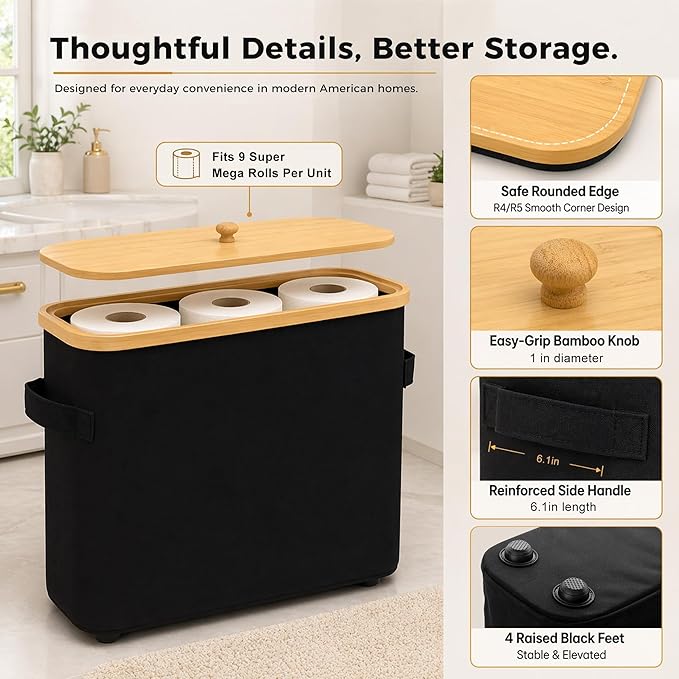Premium Waterproof Toilet Paper Storage Box with Bamboo Lid - Fits 9 Mega Rolls, 900D Heavy-Duty Fabric Bathroom Organizer Bin with Elevated Base & Handles for Narrow Spaces (17.3"x 6.9"x 15.5")