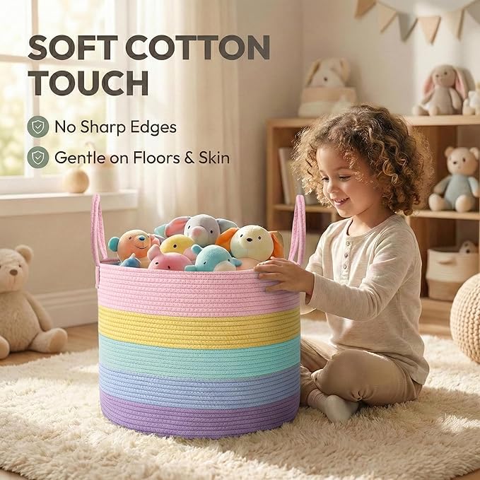 JMvicyroam 115L Extra Large Blanket Basket for Living Room - Woven Cotton Rope Laundry Hamper with Reinforced Handles - Storage Bin for Pillows, Comforters & Toys - Machine Washable,Rainbow