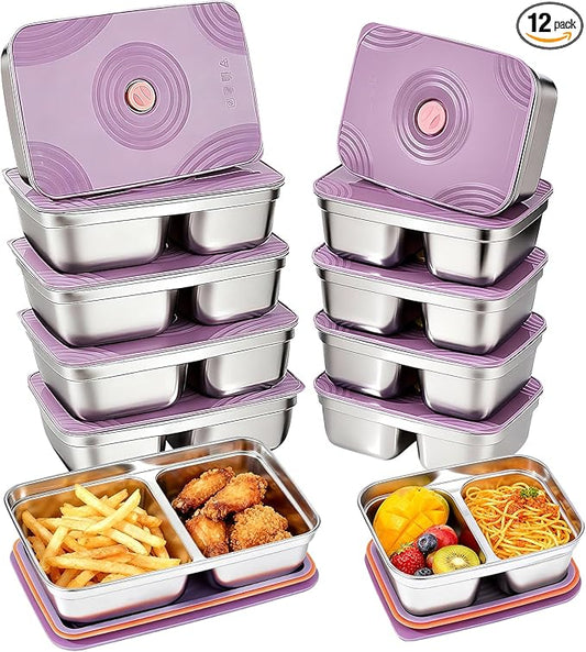 GIUOIDUO 12-Piece Stainless Steel Snack Containers Reusable, Grab and Go 2 Compartment Food Storage Containers with Leakproof Lids for Travel and Outdoor Camping School Lunch Prep Dishwasher Safe