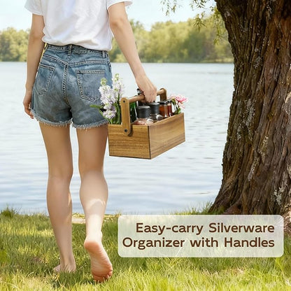 Acacia Paper Plate Dispenser, Paper Plate Holders with Handle, Picnic Silverware Caddy for Party, Cutlery Holder for Countertop, Wood Utensil Organizer for Home Kitchen & RV