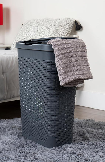 Mind Reader Slim Laundry Hamper with Lid, 40L Clothes Basket, Narrow Tapered Design with Ventilated Cutout Pattern, Plastic, Gray