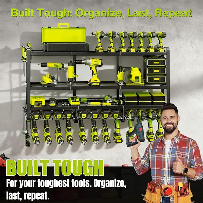 49" Heavy Duty Wall Mount Power Tool Organizer, 4-Tier Storage Rack with 12 Drill Holders & Battery Shelves, 600LBS Capacity for Garage Workshop