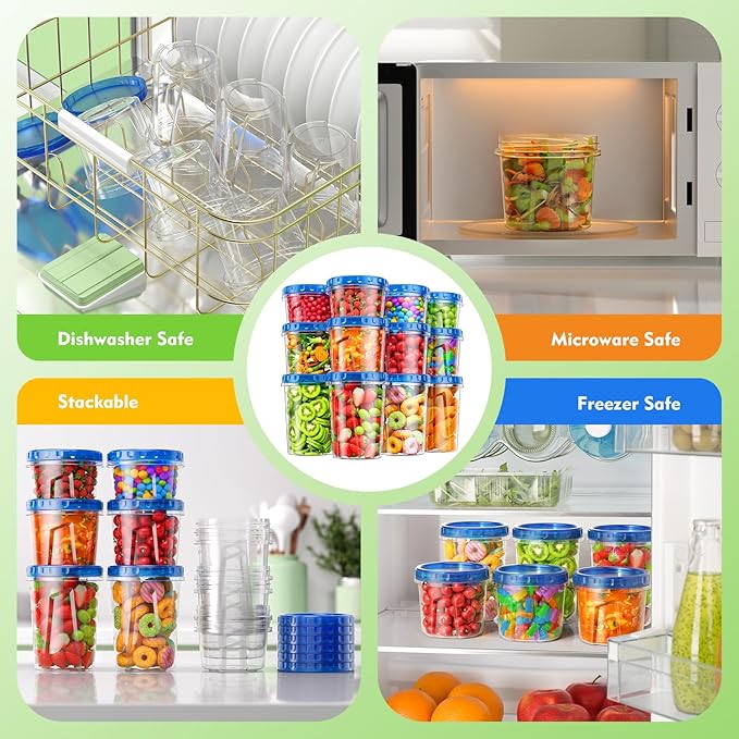 BiuLeon 12 Pack- 34/24/17oz Freezer Storage Containers, Plastic Food Storage Containers with Twist Top Lids, BPA Free and Reusable Soup Containers with Lids, Leakproof/Microwave/Dishwasher Safe
