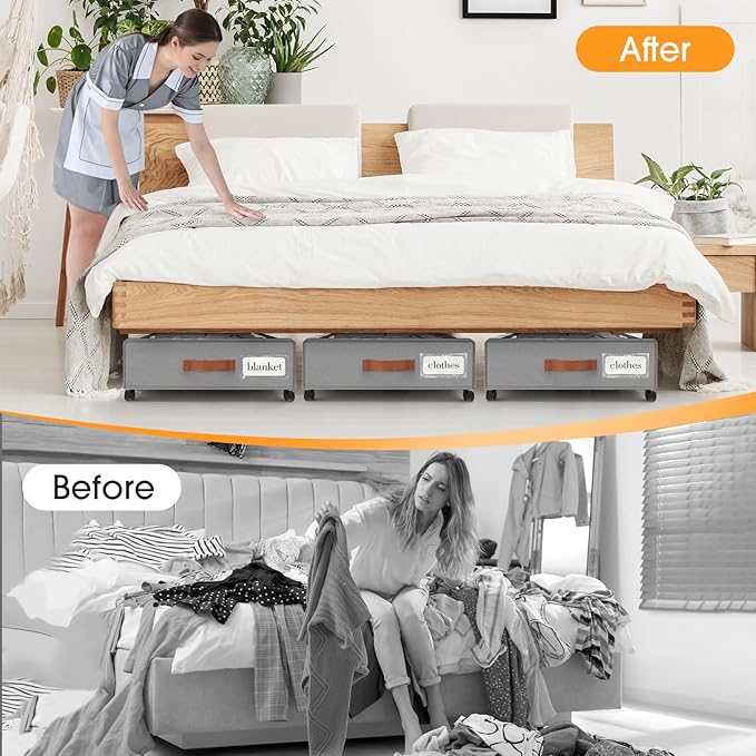 SpaceHacks Under Bed Storage with Wheels 3Pack Underbed Storage with Clear Window&Label Under Bed Drawers Large Capacity Rolling Under Bed Storage for Clothes,Shoes, Blankets (Light Grey)