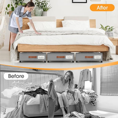 SpaceHacks Under Bed Storage with Wheels 3Pack Underbed Storage with Clear Window&Label Under Bed Drawers Large Capacity Rolling Under Bed Storage for Clothes,Shoes, Blankets (Light Grey)