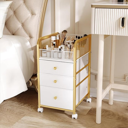 Rolling Makeup Organizer Cart with 3 Drawers, Under Desk Vanity Makeup Storage Cart, Bathroom Storage Cart Cosmetic Display Cases Cabinet for Nail Polish, Brushes & Hair Tools, Gold