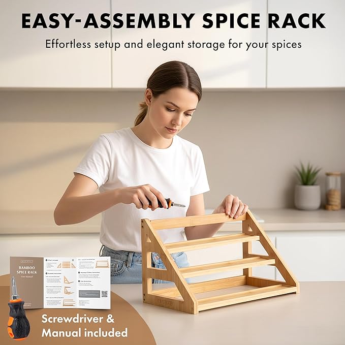 EDELHAUS 3 Tier Bamboo Spice Rack Organizer for Cabinet – Fits 24 Spice Jars, 17.5” Wide Countertop & Cabinet Organizer for Kitchen Organization, Seasoning Organizer Shelf (Jars Not Included)