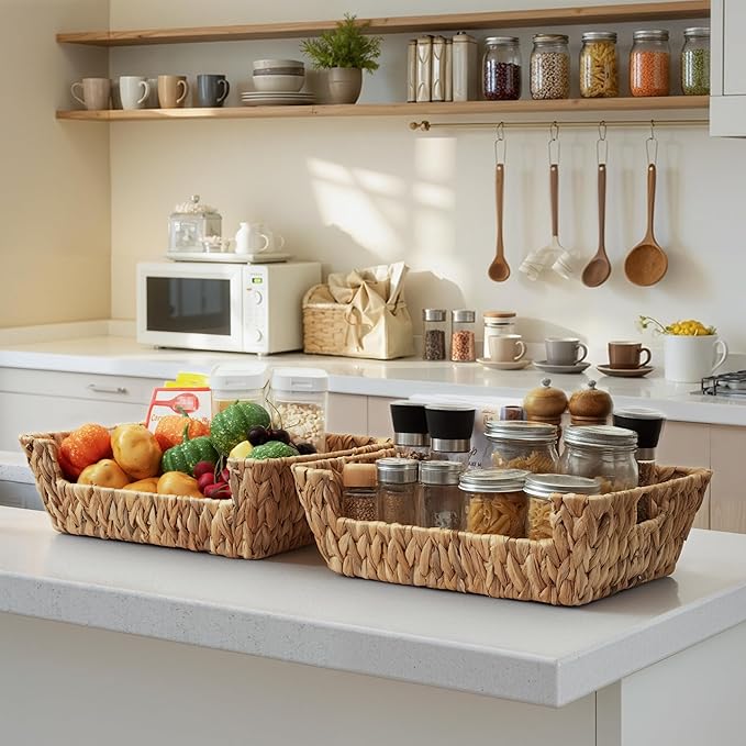 StorageWorks Water Hyacinth Baskets for Organizing with Built-in Handles, Stackable Wicker Pantry Baskets for Shelf, Pantry Organizers and Storage for Shelves,2-Pack