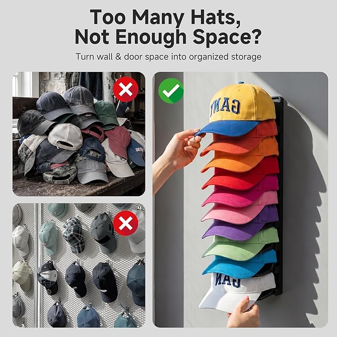 2 Pack Hat Organizer for Baseball Caps Wall Mounted, Hat Rack & Hat Holder with Strong Adhesive or Screws, Spring Clips Secure Hold, Space Saving Hat Organizer for Door, Closet or Entryway