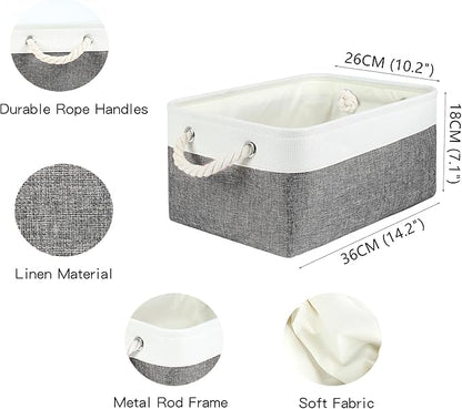 Storage Bins with Sturdy Cotton Handles(1 Pack), Fabric Storage Baskets for Organizing use for Office & Home, Book, Clothes, Toys, Closet Boxes (Medium, Grey-White, 14.2x10.2x7.1 inches)