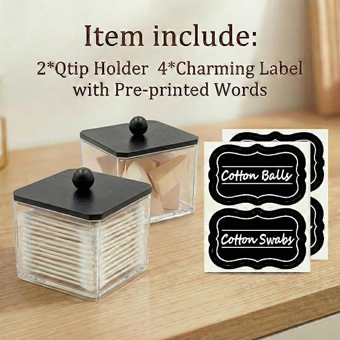 SheeChung Qtip Holder for Bathroom - Acrylic Cotton Swab Dispenser with Black Wood Lid, Clear Apothecary Jar for Cotton Balls, Pads, Flossers, Farmhouse Bathroom Vanity Organizer (2 pack)