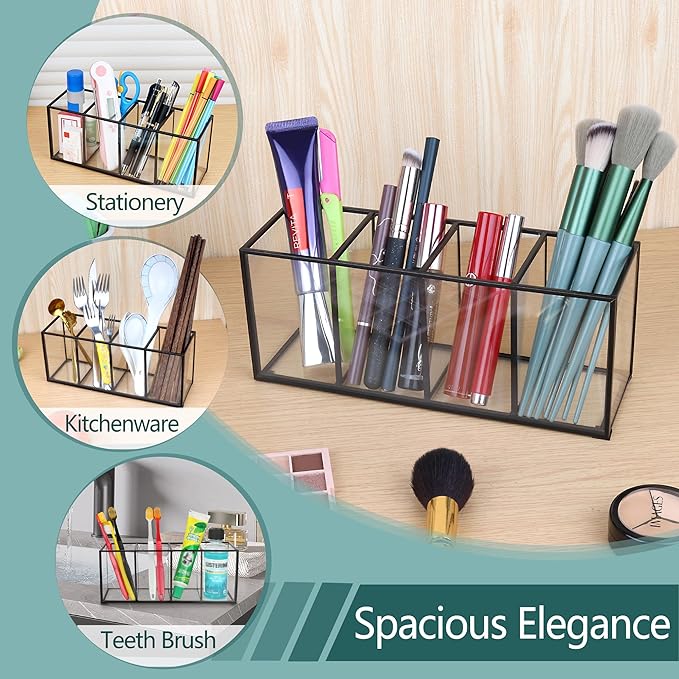 ELEGANTLIFE Clear Glass Makeup Brush Organizer,Luxurious Tempered Glass Cosmetics Brushes Storage Holder for Refined Bathroom Decor (Black, 4 Sections)