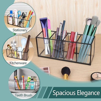 ELEGANTLIFE Clear Glass Makeup Brush Organizer,Luxurious Tempered Glass Cosmetics Brushes Storage Holder for Refined Bathroom Decor (Black, 4 Sections)