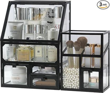 MOOCHI Black 3 Pieces Makeup Organizers for Vantity, glass, Skin Care Organizer, Drawers,Brush Organizer,Countertop Cosmetics Storage Display Case