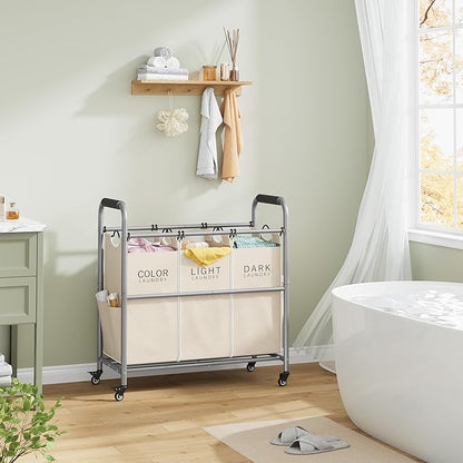 Tajsoon 3 Bag Laundry Sorter Cart, Laundry Hamper Sorter Basket with Heavy Duty Lockable Rolling Wheels for Clothes Storage, Beige