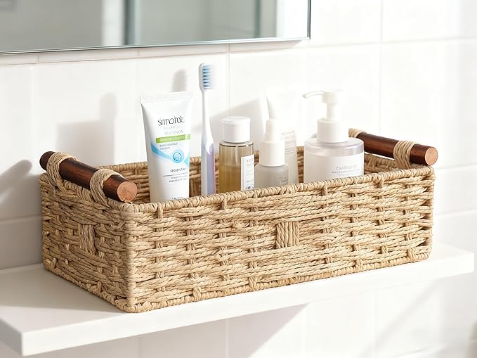 Woven Bathroom Basket with Wood Handles — Toilet Paper Storage Organizer, Back of Toilet Basket, Natural Wicker Basket for Tank Top, Countertop or Shelf