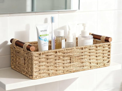 Woven Bathroom Basket with Wood Handles — Toilet Paper Storage Organizer, Back of Toilet Basket, Natural Wicker Basket for Tank Top, Countertop or Shelf