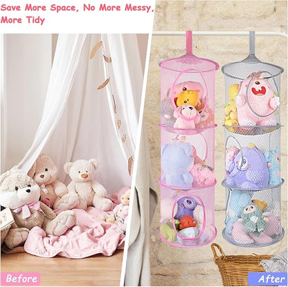 ChezMax Hanging Mesh Stuffed Animal Storage - 3 Tiers 2 Pack Large Stuffed Animal Net Organizer, Foldable Space Saver Bags Plushie Basket Organization Holder Room Bedroom Playroom Wall Blue & Red