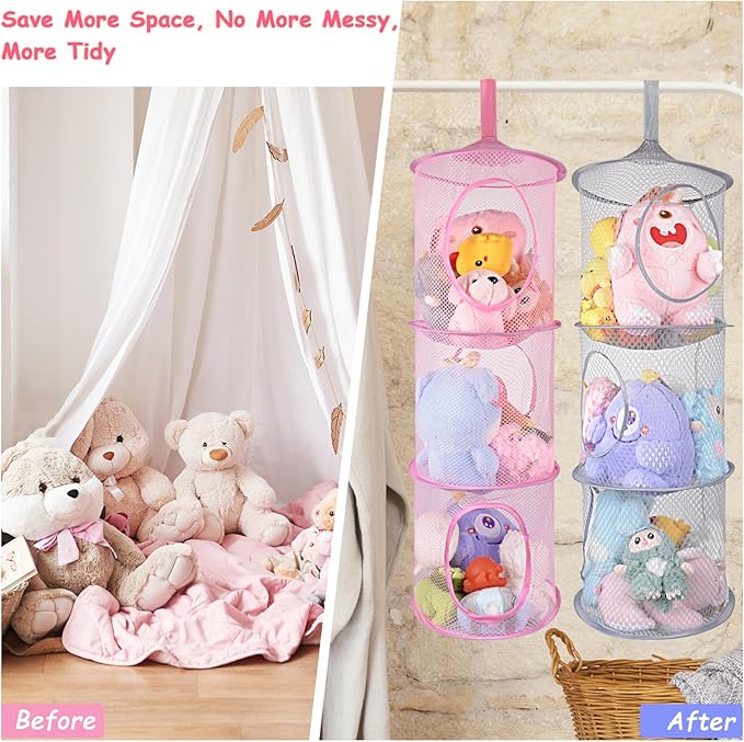 ChezMax Hanging Mesh Stuffed Animal Storage - 3 Tiers 3 Pack Large Stuffed Animal Net Organizer, Foldable Space Saver Bags Plushie Basket Organization Holder Room Bedroom Playroom Yellow Blue Pink