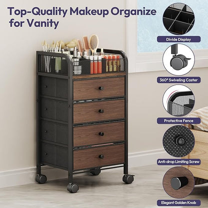 SWTYMIKI Rolling Makeup Organizer Cart - 14.96″*11.81″*27.55″ Widened Under Desk Vanity Storage with 4 Non-woven Drawers, Cosmetic Display Cases for Skin Care Perfume Nail Polish Brush Hair Tool Black