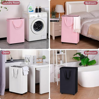 efluky Slim Laundry Hamper with Wheels, Rolling Laundry Basket for Clothes, Small Laundry Basket for Bedroom, Dorm and Laundry Room, 75L (19.8 Gallons) White