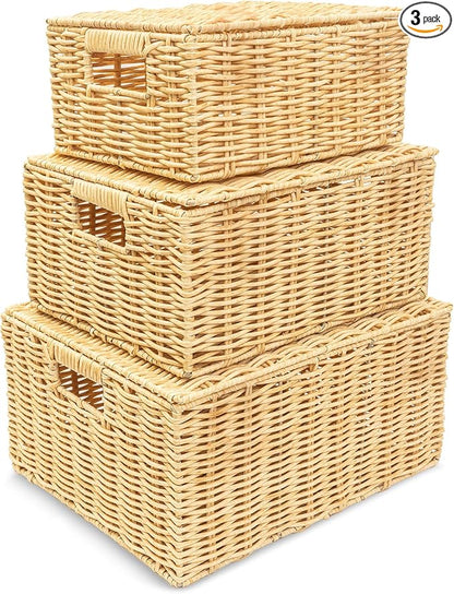 Wicker Storage Baskets Hand Woven with Lids – Set of 3 (Large, Medium, Small) for Organizing Clothes, Toys, Books – Cute Organizer Stackable Basket with Lid for Bedroom, Nursery, and Home Decor